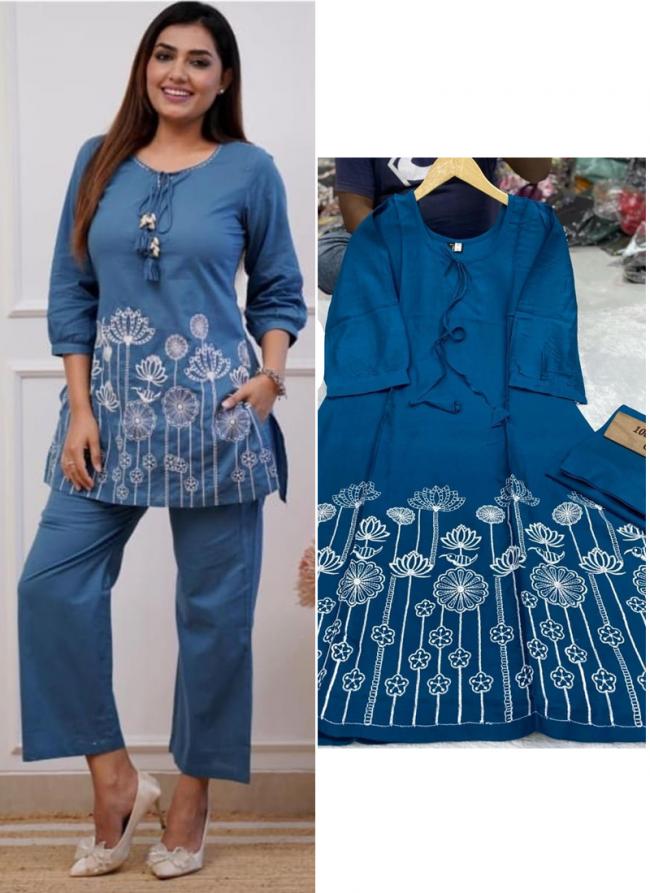 Rayon Viscose Aqua Blue Casual Wear Lucknowi Work Readymade Cord Set